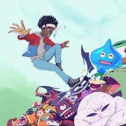 Rule 34 | 1boy, afro, album cover, artist self-insert, black footwear, black hair, blue jacket, brown eyes, character request, commentary, cover, creatures (company), crossed arms, crossover, crying, crying with eyes open, daisothefourth, dark-skinned male, dark skin, denim, dragon, dragon quest, egg pawn, english commentary, fangs, game freak, gen 2 pokemon, grey sweater, headband, highres, humanization, jacket, jeans, junior clown car, kirby (series), larry koopa, mario (series), marx (kirby), mega man (series), met (mega man), multicolored clothes, multicolored jacket, multiple crossover, nintendo, one-eyed, open hands, open mouth, pants, parody, piranha plant, pokemon, pokemon (creature), rayman, rayman (character), rayman origins, red jacket, sharp teeth, slime (dragon quest), smile, solo focus, sonic (series), sweater, tears, teeth, two-tone jacket, tyranitar, umbrella, waddle dee, white headband