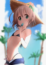 Rule 34 | 1girl, bikini, black bikini, blue shorts, blurry, blurry background, blush, breasts, brown hat, commentary request, day, flower, food, food in mouth, green eyes, grey hair, hand on own hip, hat, hat flower, holding, holding food, kohshibasaki, looking at viewer, micro bikini, navel, popsicle, short hair, short shorts, shorts, small breasts, solo, standing, stomach, straw hat, swimsuit, tree, underboob, yama no susume, yukimura aoi