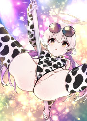 Rule 34 | 1girl, :o, animal print, anus, ass, blue archive, breasts, brown eyes, cameltoe, commentary request, covered erect nipples, cow print, drooling, elbow gloves, empty eyes, eyewear on head, fingerless gloves, gloves, hair between eyes, halo, hifumi (blue archive), highleg, highleg leotard, highres, holding, holding pole, ichika (ichi ka0), leotard, light brown hair, long hair, looking at viewer, low twintails, mind control, outstretched arms, partially visible vulva, pole, pole dancing, print gloves, print leotard, print thighhighs, saliva, small breasts, solo, spread legs, stripper pole, sunglasses, sweat, thighhighs, twintails