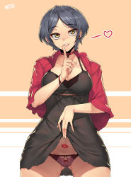 Rule 34 | 10s, 1girl, blue hair, blush, breasts, cameltoe, choker, cleavage, clothes lift, cowboy shot, curvy, dress, dress lift, earrings, finger to mouth, grey hair, hayami kanade, heart, highres, idolmaster, idolmaster cinderella girls, jewelry, jjune, large breasts, lipstick mark, looking at viewer, orange background, panties, parted bangs, parted lips, purple panties, short hair, simple background, smile, solo, spoken heart, underwear, wide hips, yellow eyes