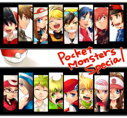 Rule 34 | 00s, 10s, 1990s (style), 6+boys, 6+girls, angry, bandana, bare shoulders, barry (pokemon), baseball cap, black hair, blonde hair, blue eyes, blue oak, brendan (pokemon), brown eyes, brown hair, buttons, closed eyes, column lineup, copyright name, creatures (company), dawn (pokemon), earrings, emerald (pokemon), ethan (pokemon), fang, finger to mouth, forehead jewel, game freak, glasses, green (pokemon), green eyes, green hair, hair ornament, hat, hilbert (pokemon), hilda (pokemon), jewelry, kris (pokemon), long hair, looking at viewer, lucas (pokemon), may (pokemon), multiple boys, multiple girls, nintendo, one eye closed, open mouth, poke ball, poke ball (basic), pokemon, pokemon adventures, pokemon bw, pokemon dppt, pokemon gsc, pokemon rgby, pokemon rse, red (pokemon), red eyes, retro artstyle, scarf, shirou (vista), sidelocks, silver (pokemon), smile, straw hat, wally (pokemon), wink, yellow (pokemon), yellow eyes