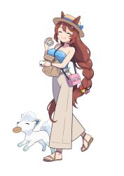 Rule 34 | 1girl, :t, ^ ^, absurdres, alolan form, alolan vulpix, animal ears, bag, blue shirt, blush, braid, breasts, brown footwear, brown hair, brown headwear, brown pants, cellphone, cleavage, closed eyes, closed mouth, commentary request, creatures (company), crossover, ears through headwear, eating, facing viewer, food, food on face, game freak, gen 7 pokemon, handbag, highres, holding, holding food, holding phone, horse ears, horse girl, horse tail, large breasts, long hair, nail polish, nintendo, pants, paper bag, phone, pokemon, pokemon (creature), sandals, shirt, shoulder bag, simple background, single braid, strapless, strapless shirt, super creek (umamusume), tail, umamusume, very long hair, white background, yasa hattori