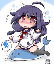 Rule 34 | !?, 10s, 1girl, adapted costume, ahoge, artist name, bad id, bad pixiv id, blush, chibi, hair flaps, highres, kantai collection, looking at viewer, low twintails, noai nioshi, open mouth, purple hair, red eyes, riding, school uniform, serafuku, simple background, sweat, taigei (kancolle), translation request, twintails, whale, white background