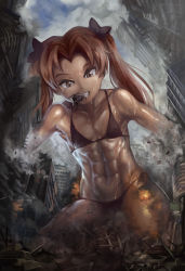 Rule 34 | 10s, abs, aircraft, bikini, biting, city, debris, destruction, explosion, fire, from below, giant, giantess, girls und panzer, grin, helicopter, kadotani anzu, muscular, red hair, size difference, sky, smile, swimsuit, twintails, yilx