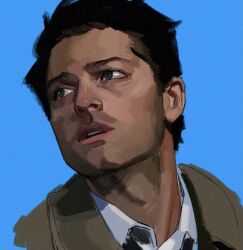 Rule 34 | 1boy, beard stubble, black hair, blue background, blue eyes, castiel, cleft chin, coat, commentary, derivative work, english commentary, facial hair, highres, male focus, mature male, parted lips, rozavay, screenshot redraw, short hair, simple background, solo, stubble, supernatural (tv series), trench coat, upper body