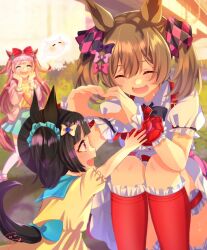 Rule 34 | 3girls, agnes digital (umamusume), animal ears, blue eyes, blurry, blurry background, brown hair, casual, child, closed eyes, commentary request, flower, giving up the ghost, hair between eyes, hair flower, hair ornament, headband, heart, heart-shaped pupils, heart hands, highres, horse ears, horse girl, horse tail, long hair, multiple girls, open mouth, pink hair, ponzu (rrrritisu), sitting, smart falcon (umamusume), symbol-shaped pupils, tail, umamusume