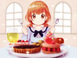 Rule 34 | 1girl, alba (little witches), brown eyes, cake, cake slice, food, fork, fruit, glass, holding, holding fork, holding spoon, orange hair, original, smile, solo, sparkle, spoon, strawberry, tart (food), twintails, window