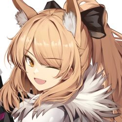 Rule 34 | 1girl, :d, animal ear fluff, animal ears, arknights, armor, black bow, black ribbon, blemishine (arknights), blonde hair, bow, close-up, extra ears, hair ribbon, long hair, looking at viewer, one eye closed, open mouth, orange eyes, penguin4, plate armor, ponytail, ribbon, simple background, smile, white background, wink