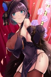Rule 34 | 1girl, azur lane, black thighhighs, blue eyes, breasts, capelet, cheshire (azur lane), cheshire (cait sith crooner) (azur lane), china dress, chinese clothes, cleavage, closed mouth, dress, elbow gloves, feather boa, feet out of frame, flower, from below, garter straps, gloves, hand on breast, hat, highres, large breasts, long hair, looking at viewer, multicolored hair, purple dress, purple gloves, purple hair, see-through, see-through cleavage, smile, solo, standing, thighhighs, wee (weeyy)