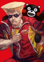 Rule 34 | 1boy, bear, blonde hair, closed mouth, guile, highres, jacket, kumamon, looking at viewer, male focus, multicolored clothes, multicolored jacket, muscular, muscular male, otsudou, pants, red background, red jacket, red pants, short hair, simple background, sportswear, street fighter, street fighter 6, sunglasses, thumbs up, two-tone jacket, yellow jacket