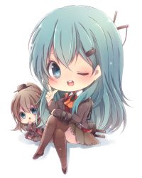Rule 34 | 10s, 2girls, ;d, aqua eyes, aqua hair, ascot, brown hair, chibi, crossed arms, hair ornament, hairclip, highres, kantai collection, kumano (kancolle), crossed legs, looking at viewer, machinery, multiple girls, natubudou, one eye closed, open mouth, ponytail, school uniform, sitting, smile, suzuya (kancolle)