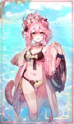 Rule 34 | 1girl, absurdres, alternate hairstyle, animal ears, arknights, bare shoulders, bikini, blush, border, bracelet, breasts, bright pupils, cat ears, cat girl, cat tail, choker, cleavage, cloud, collarbone, day, goldenglow (arknights), hand on own chest, highres, holding, holding swim ring, infection monitor (arknights), innertube, jacket, jewelry, long hair, long sleeves, looking at viewer, medium breasts, navel, ocean, open clothes, open jacket, outdoors, parted lips, pink border, pink hair, pink jacket, ponytail, ribiadan, smile, solo, stomach, swim ring, swimsuit, tail, thigh gap, two-tone bikini, wading, water, yellow choker, yellow eyes
