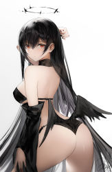 Rule 34 | 1girl, arched back, arm up, ass, back, bare shoulders, bikini, black bikini, black choker, black hair, breasts, choker, cowboy shot, detached sleeves, expressionless, from behind, halo, haori io, highres, long hair, long sleeves, looking at viewer, looking back, low wings, medium breasts, original, parted lips, red eyes, simple background, solo, standing, string bikini, swimsuit, very long hair, white background, wide sleeves, wings