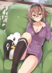 Rule 34 | 10s, 1girl, alternate costume, alternate legwear, black legwear, breasts, brown hair, chair, collarbone, eyebrows, failure penguin, glasses, green eyes, hair between eyes, headband, indoors, jewelry, jiino, kantai collection, leg up, looking at viewer, medium breasts, miss cloud, mutsu (kancolle), necklace, plant, ribbed sweater, shiny skin, short hair, sitting, sleeves past wrists, smile, solo, sweater, v-neck, window
