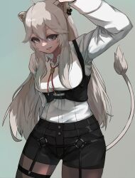 Rule 34 | 1girl, absurdres, ahoge, animal ear piercing, animal ears, black pantyhose, black shorts, black vest, bolo tie, breasts, chest harness, collared shirt, commentary request, double-parted bangs, dress shirt, gradient background, grey eyes, grey hair, grin, hair between eyes, hand up, harness, highres, hololive, legs apart, legwear garter, lion ears, lion girl, lion tail, long hair, long sleeves, looking at viewer, mato (target5260), medium breasts, night strait princess (black), official alternate costume, pantyhose, shirt, shishiro botan, shishiro botan (button-down), short shorts, shorts, sidelocks, smile, solo, tail, thick thighs, thigh strap, thighs, underbust, v-shaped eyebrows, vest, virtual youtuber, white shirt