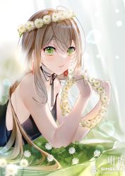 Rule 34 | 1girl, asu (sinsekai), bare arms, bare shoulders, breasts, brown hair, character request, copyright request, flower ring, flower wreath, green eyes, highres, long hair, looking at viewer, looking to the side, lying, miwano rag, nature, on stomach, plant, small breasts, straight hair, sunlight