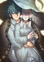 Rule 34 | 1boy, 1girl, alternate costume, blue eyes, blue hair, brown cloak, byleth (fire emblem), byleth (male) (fire emblem), cloak, closed mouth, commentary, commission, cosplay, cracked skin, crossover, dress, elden ring, fire emblem, fire emblem: three houses, fur cloak, grey dress, hair between eyes, hat, hiomaika, hug, hug from behind, large hat, long hair, long sleeves, lysithea von ordelia, nintendo, one eye closed, own hands together, pink eyes, portuguese commentary, ranni the witch, ranni the witch (cosplay), short hair, smile, twitter username, white hair, witch hat