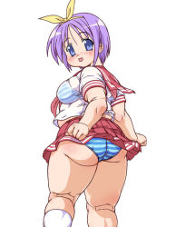 Rule 34 | 00s, 1girl, ass, belly, blue eyes, breasts, covered erect nipples, fat, female focus, harumi-knd, hiiragi tsukasa, looking back, lucky star, medium breasts, panties, pantyshot, purple hair, school uniform, serafuku, short hair, solo, standing, striped clothes, striped panties, thick thighs, thighs, underwear