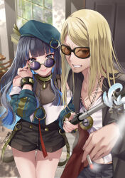 Rule 34 | 1boy, 1girl, akatsuki hijiri, bare shoulders, beret, black hair, black jacket, black pants, black shorts, blonde hair, blue hair, bracelet, breasts, brother and sister, buttons, cigarette, colored inner hair, double-breasted, eyeliner, fate/grand order, fate (series), green hat, green jacket, grey eyes, hat, highres, jacket, jewelry, long hair, long sleeves, looking at viewer, makeup, multicolored hair, neck ring, necklace, o-ring, off shoulder, pants, round eyewear, selfie stick, shirt, shorts, siblings, sidelocks, small breasts, smile, sunglasses, tenochtitlan (fate), tenochtitlan (second ascension) (fate), tezcatlipoca (fate), thighs, tongue, tongue out, white shirt, zipper