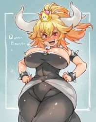 Rule 34 | 1girl, armlet, black dress, blonde hair, blush, bowsette, bracelet, breasts, character name, cleavage, covered navel, cowboy shot, crown, dress, fangs, hands on own hips, hip focus, horns, jewelry, large breasts, mario (series), new super mario bros. u deluxe, nintendo, open mouth, ponytail, red eyes, sachito, sleeveless, sleeveless dress, spiked armlet, spiked bracelet, spikes, strapless, strapless dress, super crown, sweatdrop, upper body, wide hips