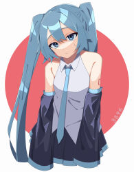 Rule 34 | 1girl, absurdres, blue eyes, blue hair, collared shirt, detached sleeves, frown, hatsune miku, head tilt, highres, long hair, long sleeves, looking at viewer, myakuro, necktie, pleated skirt, shaded face, shirt, skirt, sleeveless, sleeveless shirt, solo, sweat, twintails, very long hair, vocaloid