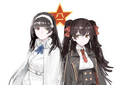 Rule 34 | 2girls, belt, black hair, black jacket, blue neckwear, brown eyes, buttons, closed mouth, coat, girls&#039; frontline, hairband, highres, jacket, long hair, looking at another, multiple girls, necktie, open clothes, open jacket, rampart1028, red neckwear, red ribbon, ribbon, simple background, star (symbol), two side up, type 95 (girls&#039; frontline), type 97 (girls&#039; frontline), upper body, white background, white coat, white hairband, white jacket