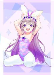 Rule 34 | 1girl, absurdres, animal ears, armpits, bow, chest jewel, crown, fake animal ears, flat chest, gem, gradient hair, highres, hololive, hololive english, koseki bijou, leotard, long hair, looking at viewer, multicolored hair, null suke, open mouth, pantyhose, playboy bunny, purple eyes, purple hair, rabbit ears, rabbit pose, smile, strapless, strapless leotard, very long hair, virtual youtuber, white pantyhose