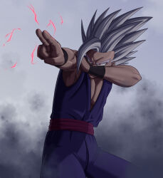 Rule 34 | 1boy, ahoge, arms up, cowboy shot, dougi, dragon ball super, dragon ball super super hero, electricity, furrowed brow, gohan beast, grey background, grey hair, holding own arm, huge ahoge, kihada magulo, looking afar, makankousappou, male focus, muscular, muscular male, outstretched arm, pectorals, red eyes, sash, serious, simple background, sleeveless, smoke, solo, spiked hair, standing, v-shaped eyebrows, wristband