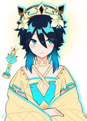 Rule 34 | 1boy, androgynous, black hair, blue hair, braid, closed mouth, collarbone, commentary, crown, dress, english commentary, flower, genshin impact, gnosis (genshin impact), gradient hair, green eyes, hair flower, hair ornament, highres, insan3ech, long sleeves, looking to the side, male focus, multicolored hair, short hair with long locks, sidelocks, simple background, slit pupils, solo, symbol-only commentary, venti (genshin impact), white flower