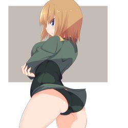 Rule 34 | 10s, 1girl, ass, blue eyes, blush, brave witches, corset, crossed arms, from behind, green panties, gundula rall, katuhata, military, military uniform, orange hair, short hair, strike witches, thighs, underwear, world witches series