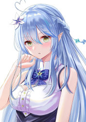 Rule 34 | 1girl, ahoge, bare arms, bare shoulders, blouse, blue bow, blue hair, bow, braid, breasts, brown eyes, cleavage, cleavage cutout, clothing cutout, commentary request, flower, hair between eyes, hair flower, hair ornament, half updo, hand up, heart, heart ahoge, highres, hololive, large breasts, long hair, multicolored hair, natsuki (natukituki), pointy ears, shirt, simple background, sleeveless, sleeveless shirt, solo, streaked hair, upper body, very long hair, virtual youtuber, white background, white flower, white shirt, yukihana lamy