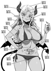 Rule 34 | asanagi, bikini, breasts, demon girl, demon horns, demon tail, demon wings, english text, greyscale, highres, horns, japanese text, large breasts, long hair, looking at viewer, monochrome, navel, original, pointy ears, pubic tattoo, side-tie bikini bottom, smile, solo, swimsuit, tail, tattoo, translated, wings