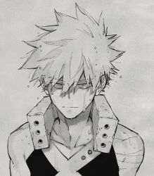 Rule 34 | 1boy, adam&#039;s apple, bakugou katsuki, boku no hero academia, collarbone, costume, expressionless, greyscale, hair between eyes, long bangs, looking at viewer, male focus, monochrome, short hair, simple background, sketch, sleeveless, solo, spiked hair, straight-on, sweat, sweatdrop, nervous sweating, toned, toned male, upper body, ura musi