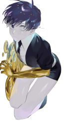 Rule 34 | 1other, androgynous, anose, bent over, black shirt, black shorts, blue eyes, blue hair, blunt bangs, bowl cut, collared shirt, colored skin, frown, gem uniform (houseki no kuni), gold, golden arms, heterochromia, highres, houseki no kuni, looking at viewer, melting, molten metal, necktie, other focus, phosphophyllite, phosphophyllite (ll), puffy short sleeves, puffy sleeves, shirt, short hair, short shorts, short sleeves, shorts, thigh gap, white eyes, white shirt, white skin