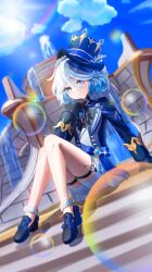 1girl absurdres blue_eyes blue_hair felfia furina_(genshin_impact) genshin_impact gloves hat highres light_blue_hair looking_at_viewer medium_hair sitting smile solo thighs