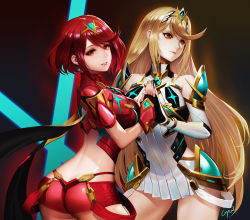 Rule 34 | 2girls, ass, blonde hair, breasts, cleavage, gloves, gyworz, highres, large breasts, long hair, looking at viewer, midriff, multiple girls, mythra (xenoblade), nintendo, pyra (xenoblade), red eyes, red hair, short hair, shorts, smile, tiara, xenoblade chronicles (series), xenoblade chronicles 2, xenoblade chronicles (series), xenoblade chronicles 2, yellow eyes