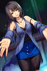Rule 34 | 1girl, arm warmers, black hair, blue cardigan, breasts, button up skirt, cardigan, cleavage, final fantasy, final fantasy viii, hungry clicker, jewelry, long hair, medium breasts, multicolored hair, necklace, outstretched arms, parted lips, ring, ring necklace, rinoa heartilly, skirt, sleeveless duster, smile, solo, streaked hair