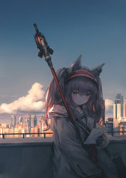 Rule 34 | 1girl, absurdres, angelina (arknights), animal ears, arknights, black gloves, blue sky, brown eyes, brown hair, building, chen bin, chinese commentary, city, cloud, commentary request, day, fox ears, gloves, grey jacket, hair between eyes, hairband, highres, holding, holding paper, jacket, long hair, long sleeves, outdoors, paper, partial commentary, red hairband, sky, smile, solo, staff, upper body