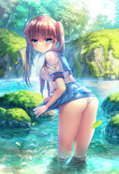Rule 34 | 1girl, aqua eyes, ass, bare legs, blue sailor collar, blue skirt, blush, brown hair, closed mouth, clothes lift, day, forest, highres, hinoue itaru, leaf, long hair, looking at viewer, looking to the side, moss, nature, original, outdoors, panties, pleated skirt, rock, sailor collar, school uniform, serafuku, shirt, skirt, skirt lift, solo, standing, twintails, underwear, wading, water, waterfall, wet, wet clothes, white panties, white serafuku, white shirt