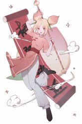Rule 34 | 1girl, asymmetrical dress, black footwear, blonde hair, china dress, chinese clothes, chinese text, collared dress, colored tips, cone hair bun, cookie run, double bun, dress, eyelashes, food, fruit, full body, hair bun, high collar, highres, holding, holding staff, holding weapon, looking at viewer, medium dress, multicolored hair, open mouth, pants, pants under dress, peach, peach cookie, pink dress, pink hair, red eyes, red sash, rina (pipi58293333), sash, scroll, shoes, short hair, short sleeves, smile, smoke, solo, sparkle, staff, weapon, weapon behind back, white background, white pants