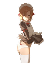 Rule 34 | 1girl, apron, ass, black dress, boku wa tomodachi ga sukunai, bow, bow panties, bowtie, brown eyes, brown hair, clothes lift, cowboy shot, d:, dress, dress lift, flower, frilled apron, frilled dress, frills, from side, hair flower, hair ornament, hand up, highres, juliet sleeves, kuroneko pantsu, kusunoki yukimura, lifted by self, long sleeves, looking at viewer, maid, maid headdress, open mouth, panties, parted bangs, puffy sleeves, red bow, red bowtie, shade, short hair, simple background, solo, standing, thighhighs, thighs, twisted torso, underwear, white panties, white thighhighs