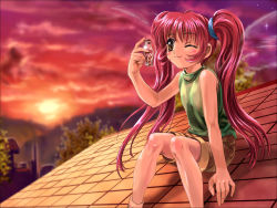 Rule 34 | 00s, 1girl, air (visual novel), blush, bottle, brown eyes, highres, key (company), michiru (air), mutsuki (moonknives), one eye closed, red hair, rooftop, solo, sunset, twintails, wallpaper, wink