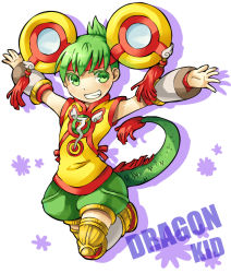 Rule 34 | 10s, 1girl, bad id, bad pixiv id, chinese clothes, cr72, detached sleeves, dragon kid, dragon tail, green eyes, green hair, grin, hat, huang baoling, jumping, kemonomimi mode, matching hair/eyes, ponytail, short hair, shorts, smile, solo, superhero costume, tail, thighhighs, tiger &amp; bunny