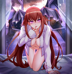 Rule 34 | 1girl, all fours, bed, black saint, blush, breasts, demon girl, demon wings, dress shirt, finger to mouth, glowing, glowing eyes, highres, large breasts, long hair, long sleeves, looking at viewer, nail polish, naked shirt, navel, night, nose blush, on bed, open clothes, open shirt, parted lips, pink nails, purple eyes, red hair, ryuuzouji usagi, shirt, sidelocks, sleeves past wrists, solo, star (sky), demon girl, very long hair, white shirt, window, wings
