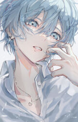 Rule 34 | 1boy, absurdres, bishounen, blue eyes, blue hair, collared shirt, commentary, earrings, expressionless, hair between eyes, highres, hoop earrings, jewelry, light blue hair, looking at viewer, male focus, necklace, original, pale skin, parted lips, piercing, pink lips, portrait, sai gumi, shirt, short hair, solo, symbol-only commentary, teeth, white background, white shirt