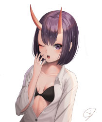 Rule 34 | 1girl, absurdres, bad id, bad pixiv id, blush, bob cut, breasts, collarbone, collared shirt, doenji (auto7233), dress shirt, eyeliner, fate/grand order, fate (series), highres, horns, long sleeves, looking at viewer, makeup, one eye closed, oni, open clothes, open mouth, open shirt, purple eyes, purple hair, shirt, short eyebrows, short hair, shuten douji (fate), simple background, skin-covered horns, small breasts, solo, white background, white shirt, yawning