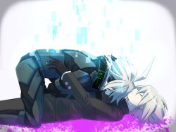 Rule 34 | 2boys, ahoge, alternate costume, android, armor, black gloves, black jacket, black pants, blood, boy on top, closed eyes, commentary request, danganronpa (series), danganronpa v3: killing harmony, digital dissolve, dual persona, from side, gloves, gradient background, grey background, grey hair, hair over eyes, hand on another&#039;s head, hug, jacket, jingle (mhb729), k1-b0, male focus, multiple boys, official alternate costume, open mouth, pale skin, pants, pink blood, power armor, short hair, smile, white hair