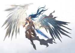 Rule 34 | 1girl, armor, blue eyes, blue hair, breasts, female focus, floating hair, flying, full body, greaves, highres, ice, ice wings, large breasts, league of angels, lips, long hair, looking at viewer, matching hair/eyes, navel, outstretched arms, realistic, rike lee, sideboob, solo, spread arms, sword, thighs, tiara, transparent background, weapon, wings