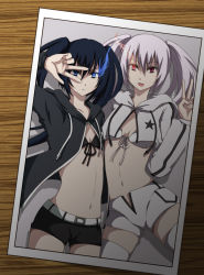 Rule 34 | 10s, 2girls, :p, belt, bikini, bikini top only, black hair, black rock shooter, black rock shooter (character), black rock shooter (game), blue eyes, coat, glowing, glowing eye, highres, michiru (nonewane), midriff, multiple girls, navel, open fly, photo (object), red eyes, shorts, star (symbol), swimsuit, thighhighs, tongue, tongue out, twintails, unzipped, v, v over eye, white hair, white rock shooter, white thighhighs