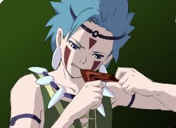 Rule 34 | 1boy, bad id, bad pixiv id, bare shoulders, blue eyes, blue hair, camus (dq11), circlet, collarbone, cosplay, dragon quest, dragon quest xi, earrings, eating, food, green background, green shirt, hands up, holding, jewelry, male focus, meat, mondi hl, mononoke hime, necklace, parted lips, san (cosplay), san (mononoke hime), shirt, solo, tattoo, upper body